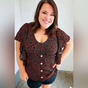 Black & Orange Boho Print Button Detail Side Ruffle Top
